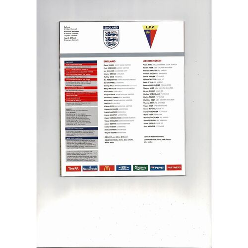 2003 England v Liechtenstein Football Programme