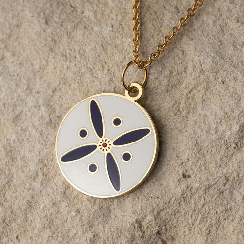 Round Pendant. The Persian Cross. Deep Purple on White with 1 Central Red Stone.