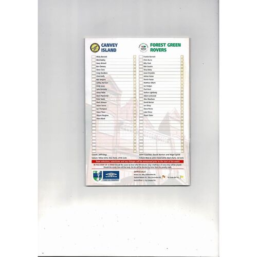 2001 Canvey Island v Forest Green Rovers FA Trophy Final Programme & Team Sheet @ Aston Villa