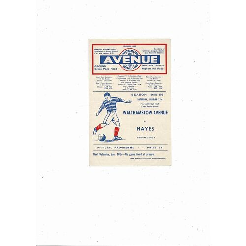 1955/56 Walthamstow Avenue v Hayes FA Amateur Cup Football Programme