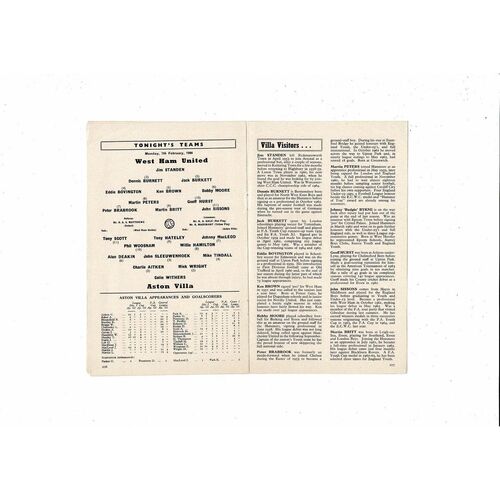 1965/66 Aston Villa v West Ham United Feb & Sheffield United Reserves Double Football Programme