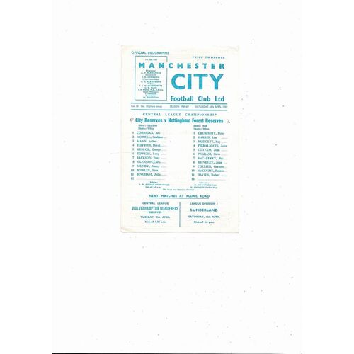 Manchester City v Nottingham Forest Central League Football Programme 1968/69