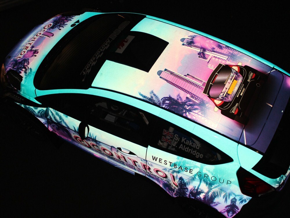 High visibility reflective motorsport wrap on a Ford Fiesta R5 rally car