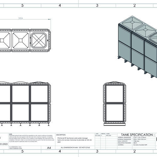 PW.3X1X2.TIF.AG - 7788 LITRE SECTIONAL WATER TANK, TOTALLY INTERNALLY FLANGED (TIF)