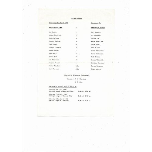 Huddersfield Town v Manchester United Central League Football Programme 1988/89