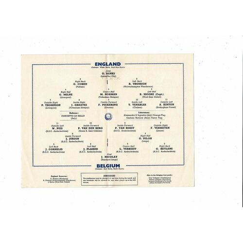 1964 England v Belgium Football Programme