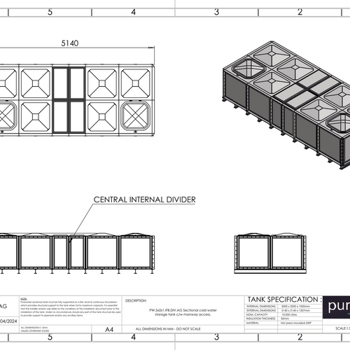 PW.5X2X1.IFB.DIV.AG(2.5+2.5) - 10000 LITRE DIVIDED SECTIONAL WATER TANK, INTERNALLY FLANGED BASE (IFB)