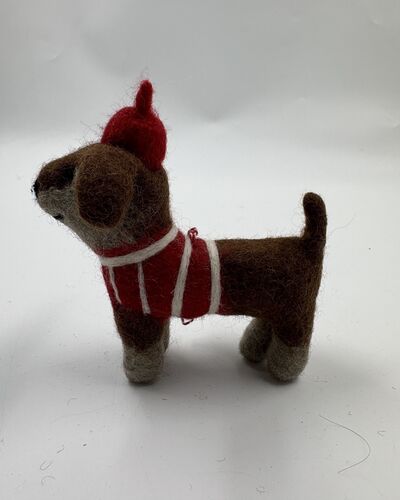 Brown dog with a red hat