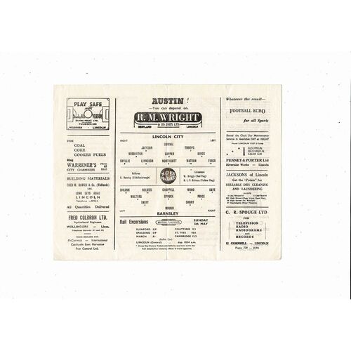 1956/57 Lincoln City v Barnsley Football Programme