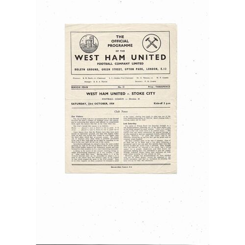 1954/55 West Ham United v Stoke City Football Programme