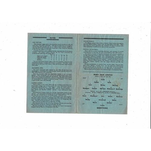 1948/49 West Ham United v Brentford Football Programme