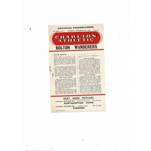 1956/57 Charlton Athletic v Bolton Wanderers Football Programme