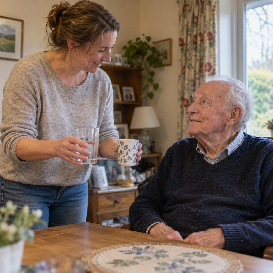 Woman offering an elderly man a glass of water and a cup of tea at home.