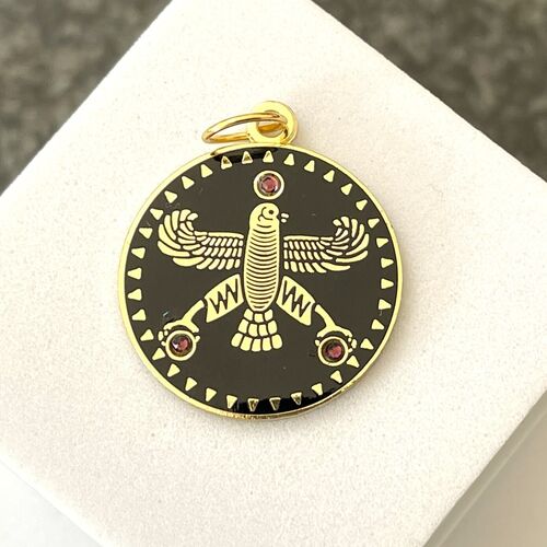 Round Pendant. The Persian Falcon. Black with 3 White Stones.