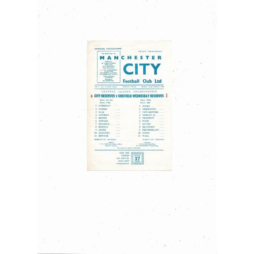 Manchester City v Sheffield Wednesday Central League Football Programme 1967/68