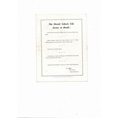 1956 England v Wales Schools International Football Programme @ Bristol City