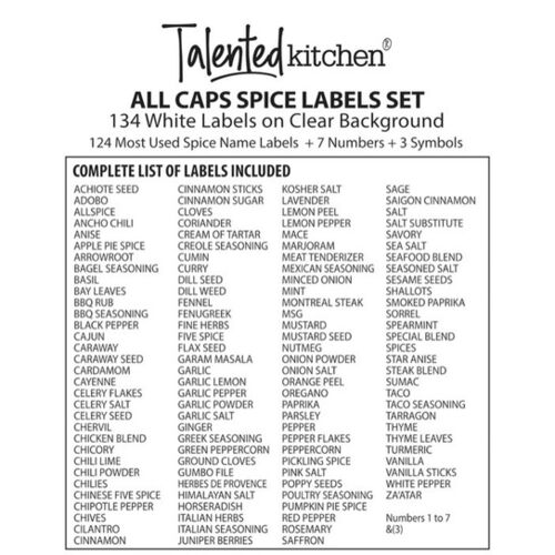 Talented Kitchen 134 Piece All Caps Spice Jar Sticker Set – White Labels on Clear Background