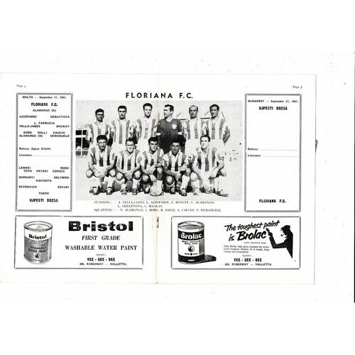 Floriana v Ujpesti Dozsa European Cup Winners Cup Football Programme 1961/62