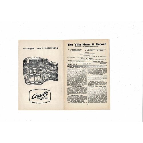 1961/62 Aston Villa v Bolton Wanderers Football Programme