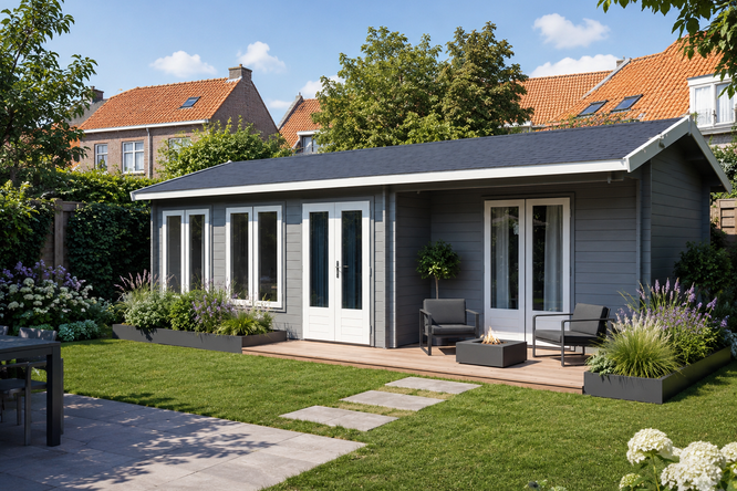 A charming green Lugarde twin cabin building with large windows rests on a gravel lot, boasting a dark base and a wooden deck in front. Its surrounded by yellow bollards, framed by trees and a blue sky. This bespoke structure offers unique accommodation options, with cars visible to the right.