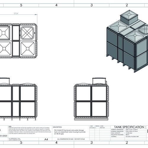 PW.2.5X2X2.TIF.AB - 12,249 LITRE SECTIONAL WATER TANK, TOTALLY INTERNALLY FLANGED (TIF) C/W FVH