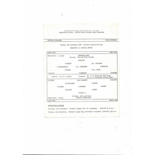 Brentford v Bristol Rovers Football Combination Cup Programme 1966/67