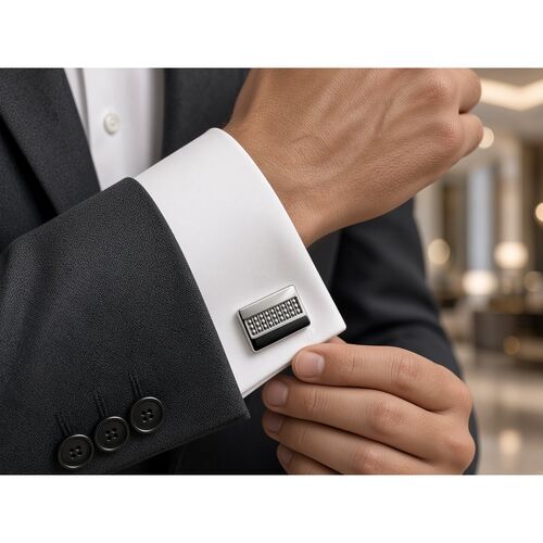 Chrome Rectangular Cufflinks with Bead Grid – 20mm x 8mm (One Pair)