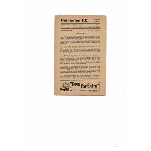 1958/59 Darlington v Crystal Palace Football Programme