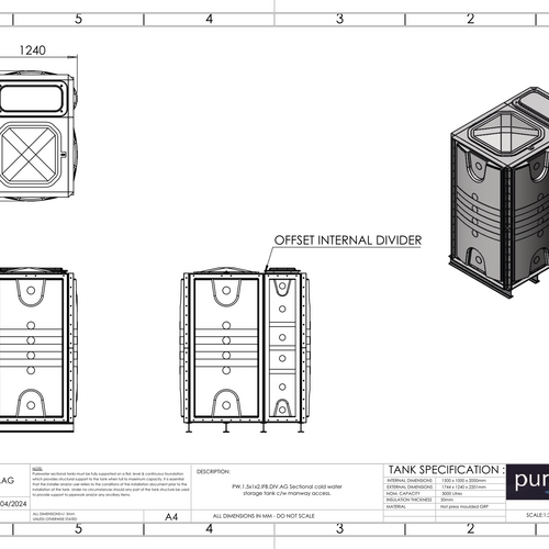PW.1.5X1X2.IFB.DIV.AG(1+0.5) - 3000 LITRE SECTIONAL WATER TANK, INTERNALLY FLANGED BASE (IFB)