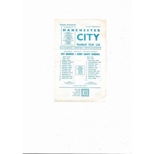 1968/69 Manchester City v Derby County Central League Football Programme