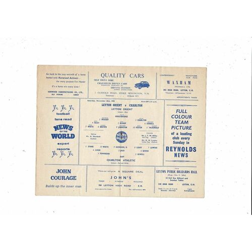 1959/60 Leyton Orient v Charlton Athletic Football Programme