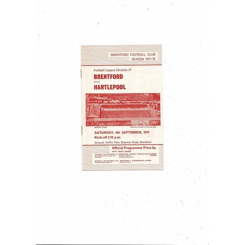 1971/72 Brentford v Hartlepool Football Programme