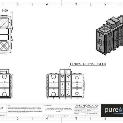 PW.3X1X2.IFB.DIV.AB(1+1) - 6000 LITRE DIVIDED SECTIONAL WATER TANK, INTERNALLY FLANGED BASE (IFB) C/W FVH