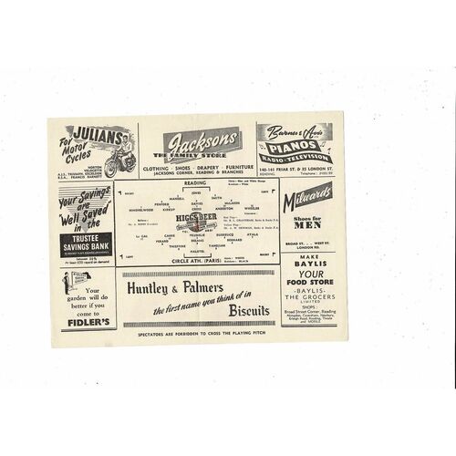 Reading v Circle Athletic (Paris) Friendly Football Programme 1955/56