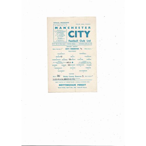 Manchester City v Derby County Central League Football Programme 1962/63