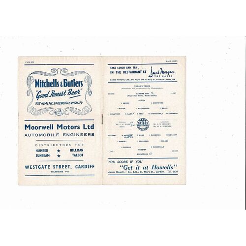 1948/49 Cardiff City v Brentford Football Programme