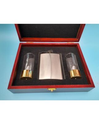 Wooden Gift boxed 7oz Brushed flask & gold plated shot glasses