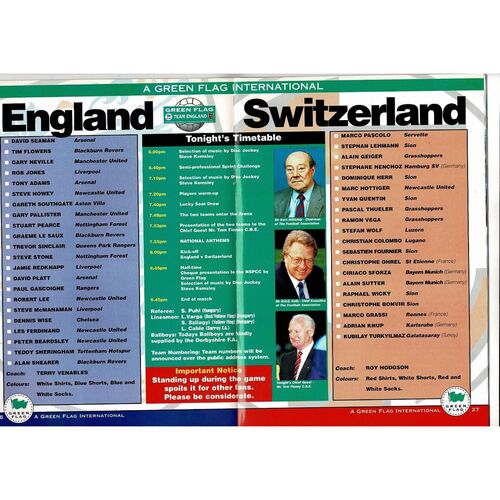 1995 England v Switzerland Football Programme