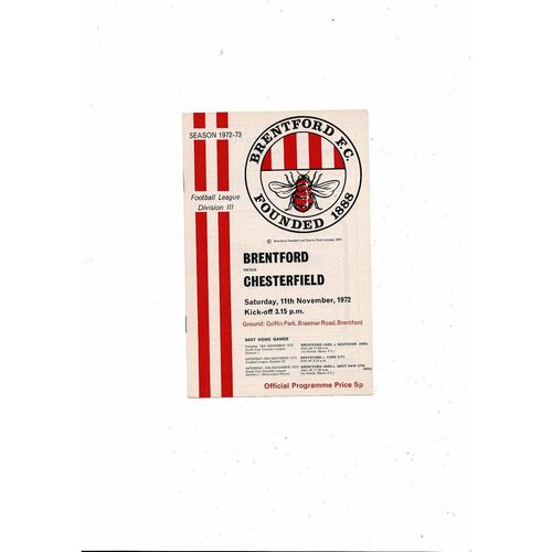 1972/73 Brentford v Chesterfield Football Programme