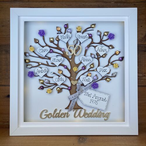 Personalised Wedding Anniversary Gift – Custom Family Tree Frame with Names, Pearls & Optional Lights