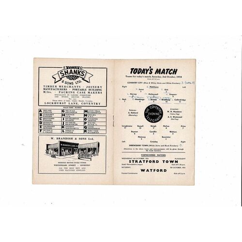 1954/55 Coventry City v Shrewsbury Town Football Programme