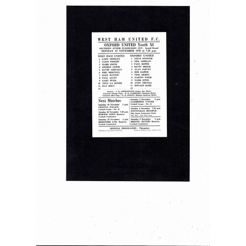 West Ham United v Oxford United Southern Junior Foodlight Cup Programme 1978/79