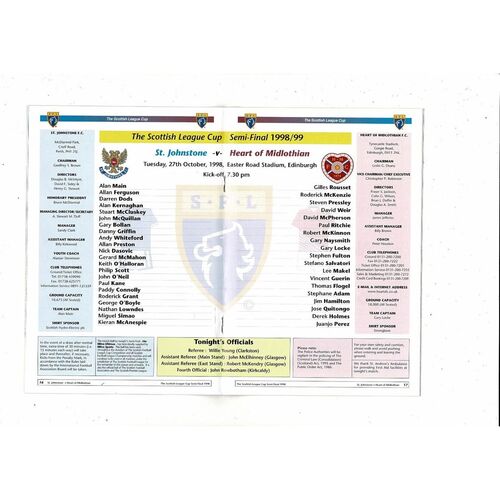 1998/99 St Johnstone v Hearts Scottish League Cup Semi Final Football Programme