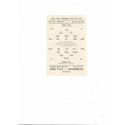 1954/55 Port Vale v Stoke City Programme Postponed + Insert for game played