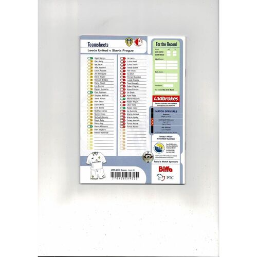 Leeds United v Slavia Prague UEFA Cup Football Programme 1999/00