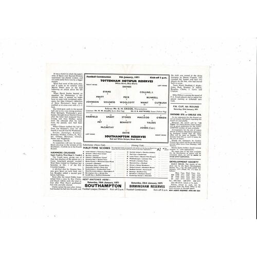 Tottenham Hotspur v Southampton Football Combinaton Programme 1970/71