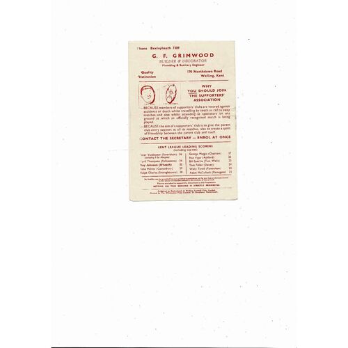 1956/57 Bexleyheath & Welling v Whitstable Kent League Football Programme