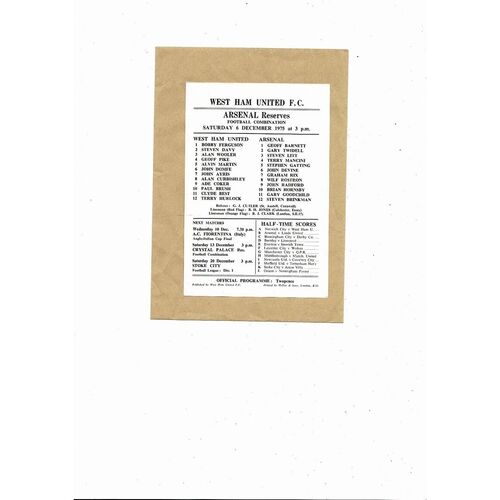 West Ham United v Arsenal Football Combination Programme 1975/76