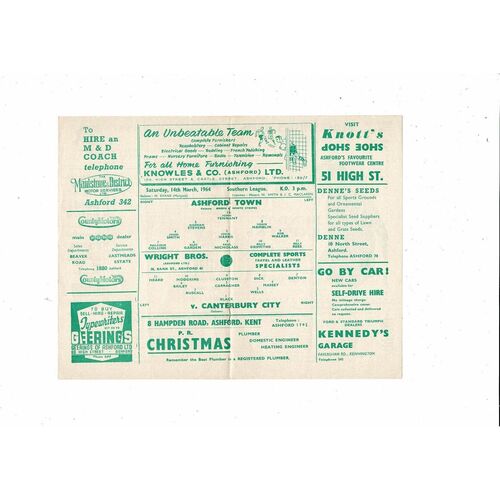 1963/64 Ashford Town (Kent) v Canterbury City Southern League Football Programme