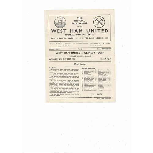 1956/57 West Ham United v Grimsby Town Football Programme